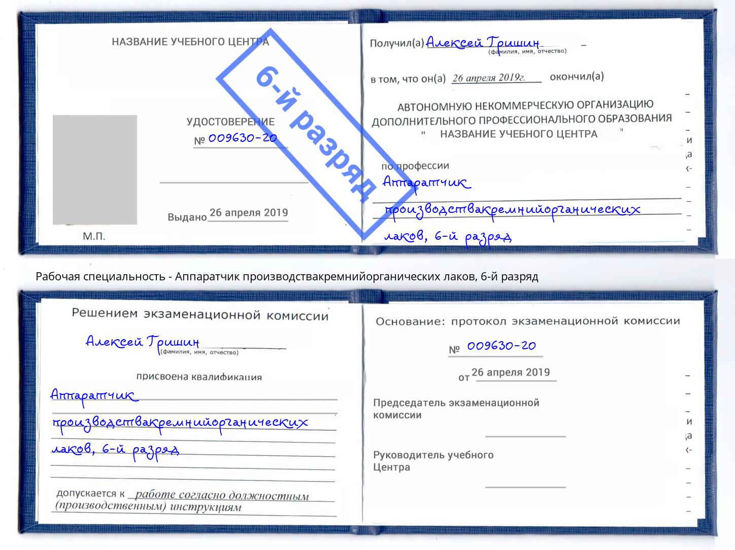 корочка 6-й разряд Аппаратчик производствакремнийорганических лаков Саратов