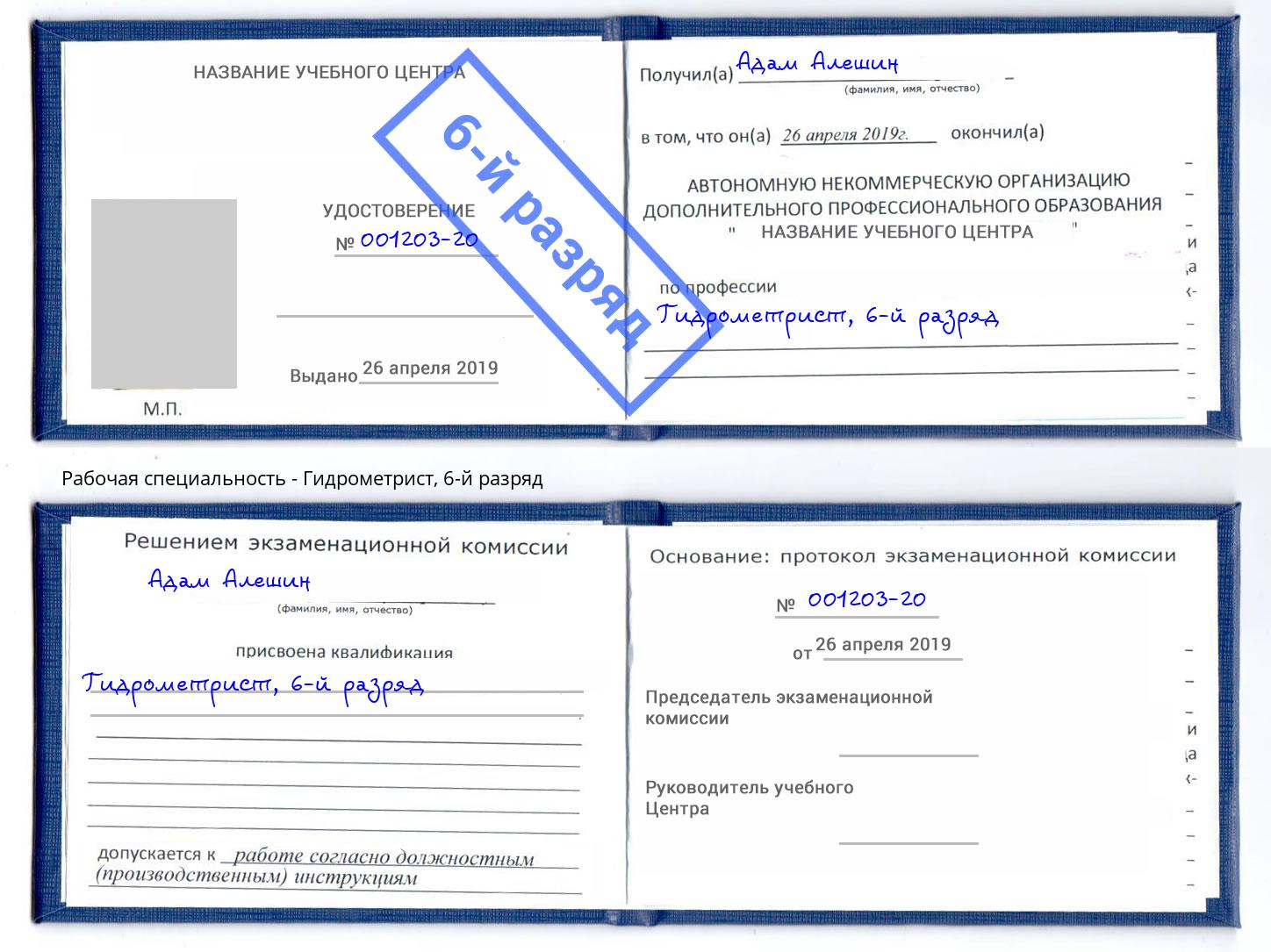 корочка 6-й разряд Гидрометрист Саратов